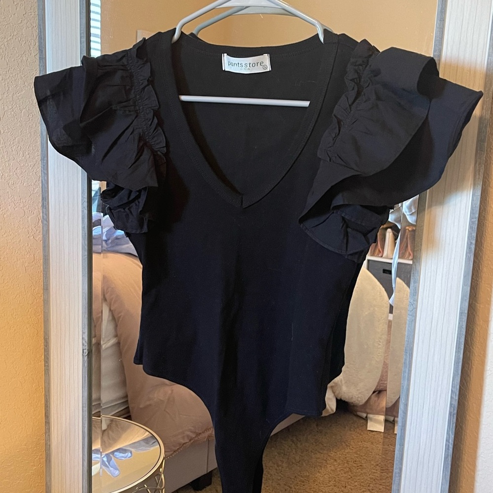 Pants Store Black Ruffled Flutter Sleeve Bodysuit